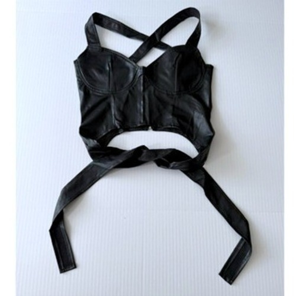 Unbranded Black Faux Leather Corset Top Women Size M Wrap Tie Edgy Bralette
